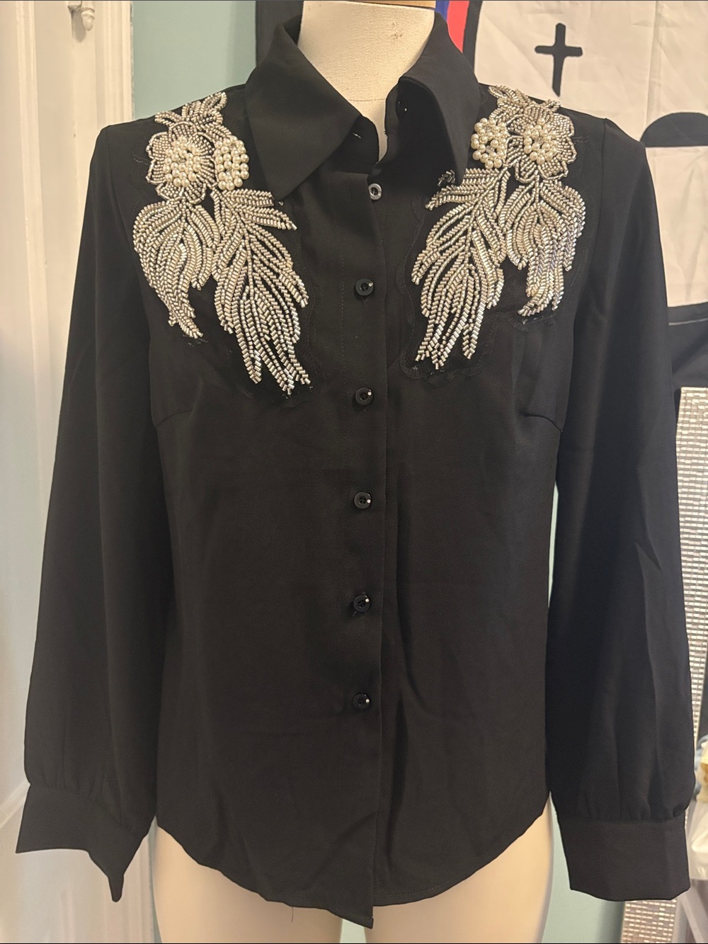 Beaded Accent Black Button-Down Shirt